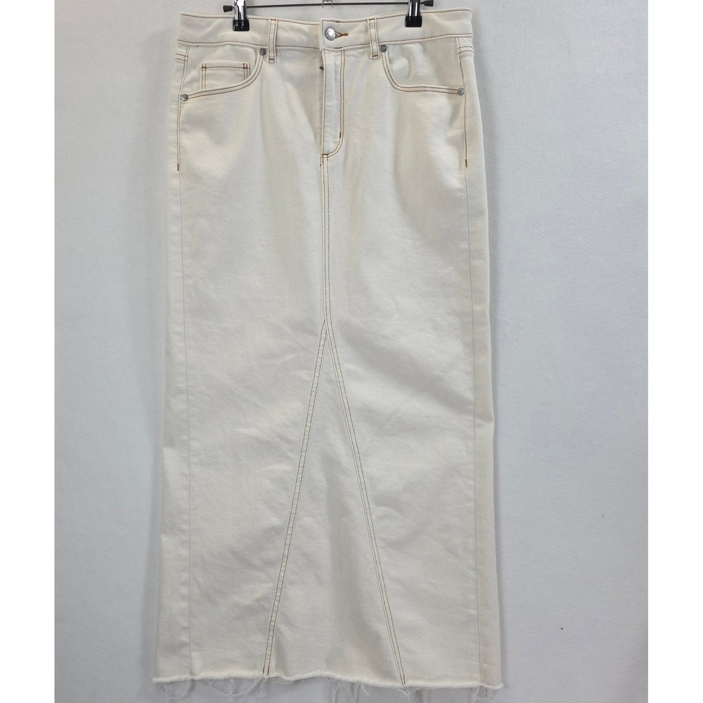 LOFT Denim Maxi Skirt Raw Hem Beige Women 8 Minimalist Neutral Modest Boho Chic